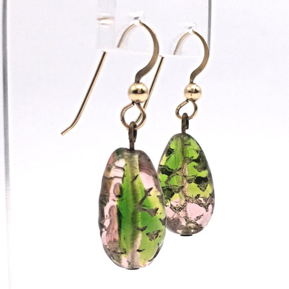 Pink and Green Art Glass Bead Dangle Earrings 10k… - image 4
