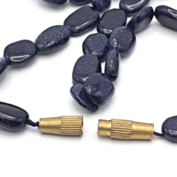 Vintage Blue Goldstone Glass Beaded Necklace Bras… - image 4