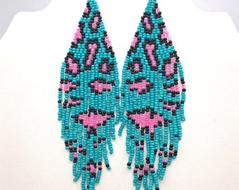 Pendientes colgantes con flecos y cuentas de cristal, color azul, rosa, negro, leopardo