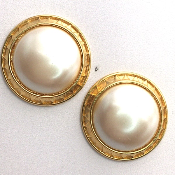 Monet Faux Mabe Pearl Statement Earrings 1980s Gold Tone Dynasty Knots Landing