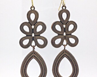 Antiqued Gold Tone Textured Teardrop Loops Dangle Earrings