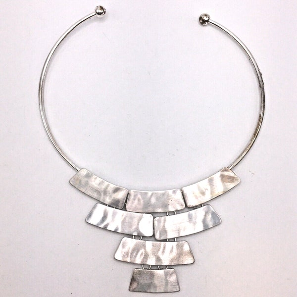 Silver Tone Brutalist Hammered Metal Panel Bib Open Torque Choker Necklace