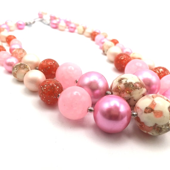 Vintage Japan Multi-Strand Pink Lucite Bead Neckla