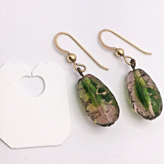 Pink and Green Art Glass Bead Dangle Earrings 10k… - image 5