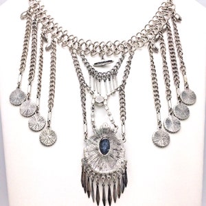 Silver Tone Faux Opal Rhinestone Chain Fringe Necklace Egyptian Revival image 4
