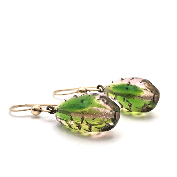Pink and Green Art Glass Bead Dangle Earrings 10k… - image 3