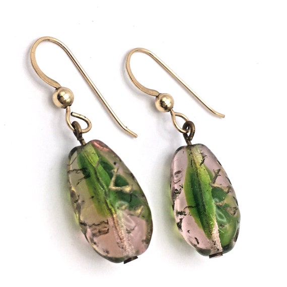 Pink and Green Art Glass Bead Dangle Earrings 10k… - image 2