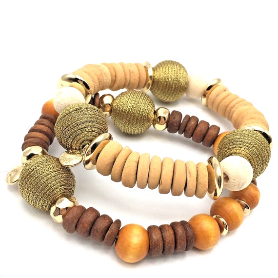 J Crew Multi Tone Wood and Cord Wrapped Bead Stret