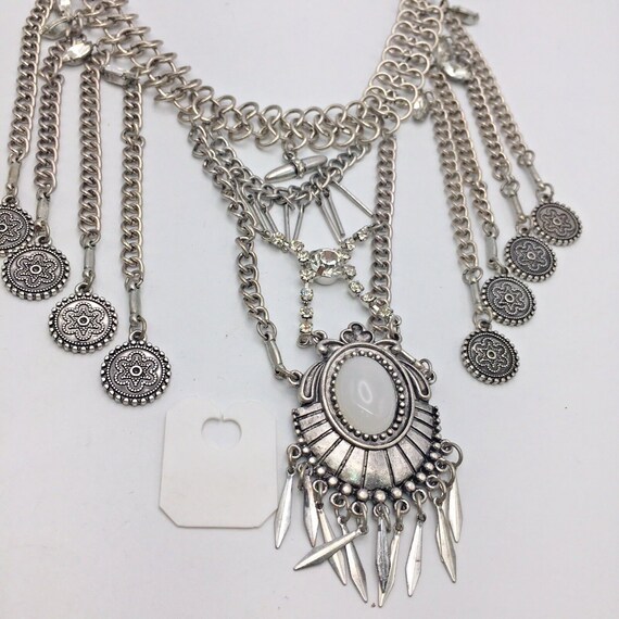 Silver Tone Faux Opal Rhinestone Chain Fringe Nec… - image 5