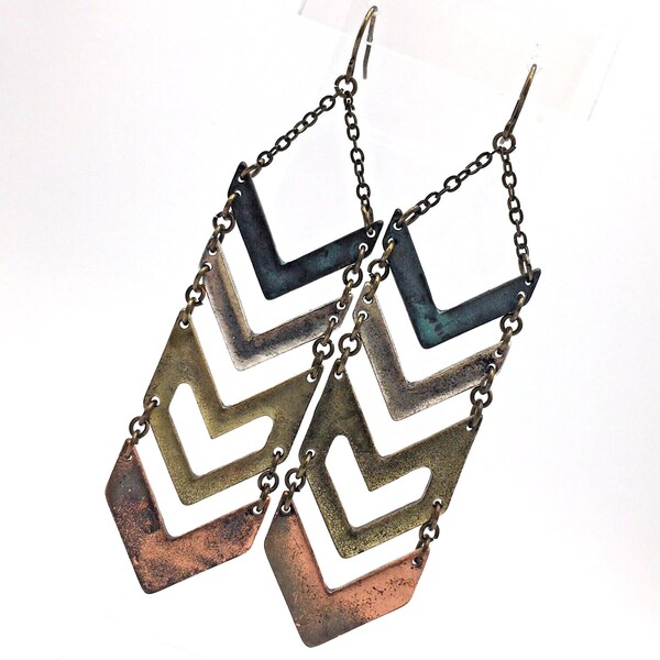 Mixed Metal Chevron Dangle Statement Earrings Gold Silver Copper Verdigris