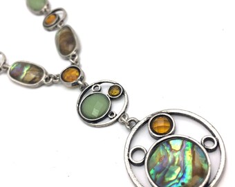 Xiomara Castro Y Drop Pendant Necklace Bezel Set Abalone and Faux Gemstone