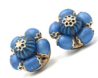 Vintage Cobalt Blue Cluster Bead Hong Kong Clip On Earrings 1940s 1950s