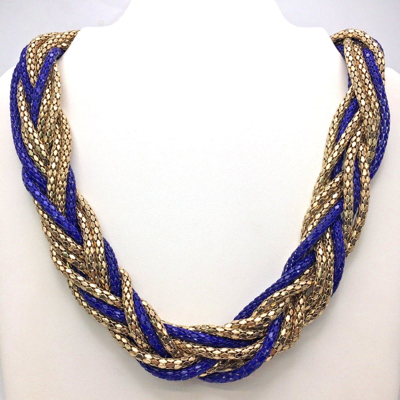 Collier tressé à plusieurs rangs de chaîne en maille bleu royal doré image 1