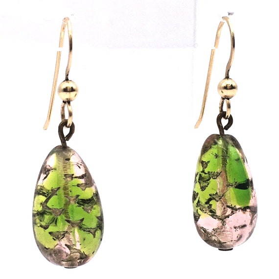 Pink and Green Art Glass Bead Dangle Earrings 10k… - image 1
