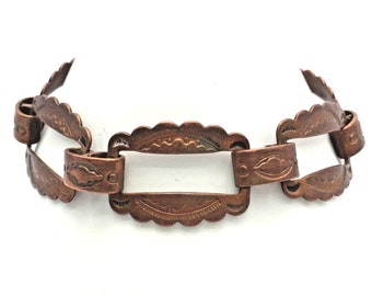 XJJ Vintage Copper Native Trading Post Panel Bracelet Rattlesnake Jaw Stamped