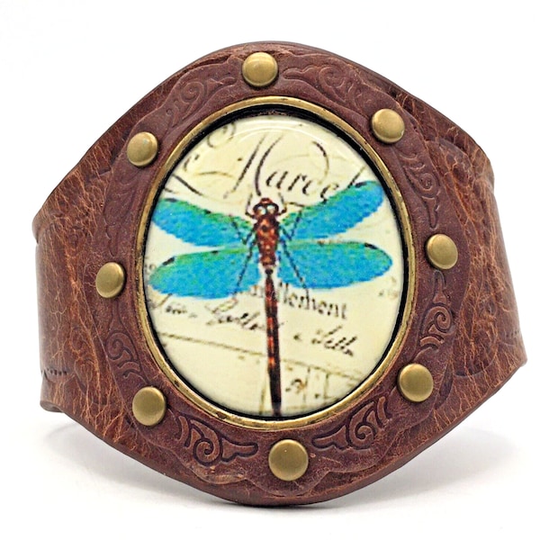 Nature Girl Designs Hand Tooled Leather Snap Cuff Bracelet Dragonfly Brass USA