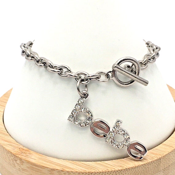 Bebe Silver Tone Toggle Clasp Chain Bracelet Pave… - image 1