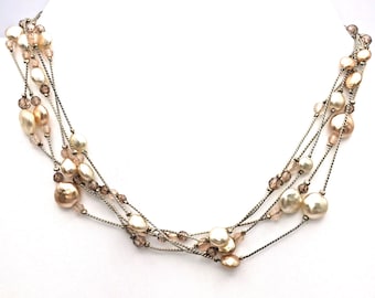 Vintage Liz Claiborne Multi-Strand Faux Coin Pearl Necklace Champagne Pink