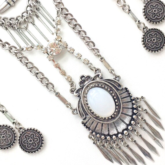 Silver Tone Faux Opal Rhinestone Chain Fringe Nec… - image 3