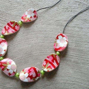 Japanese paper wooden necklace-Pink red and green