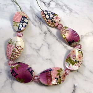 Japanese paper wooden beaded necklace-Mauve floral