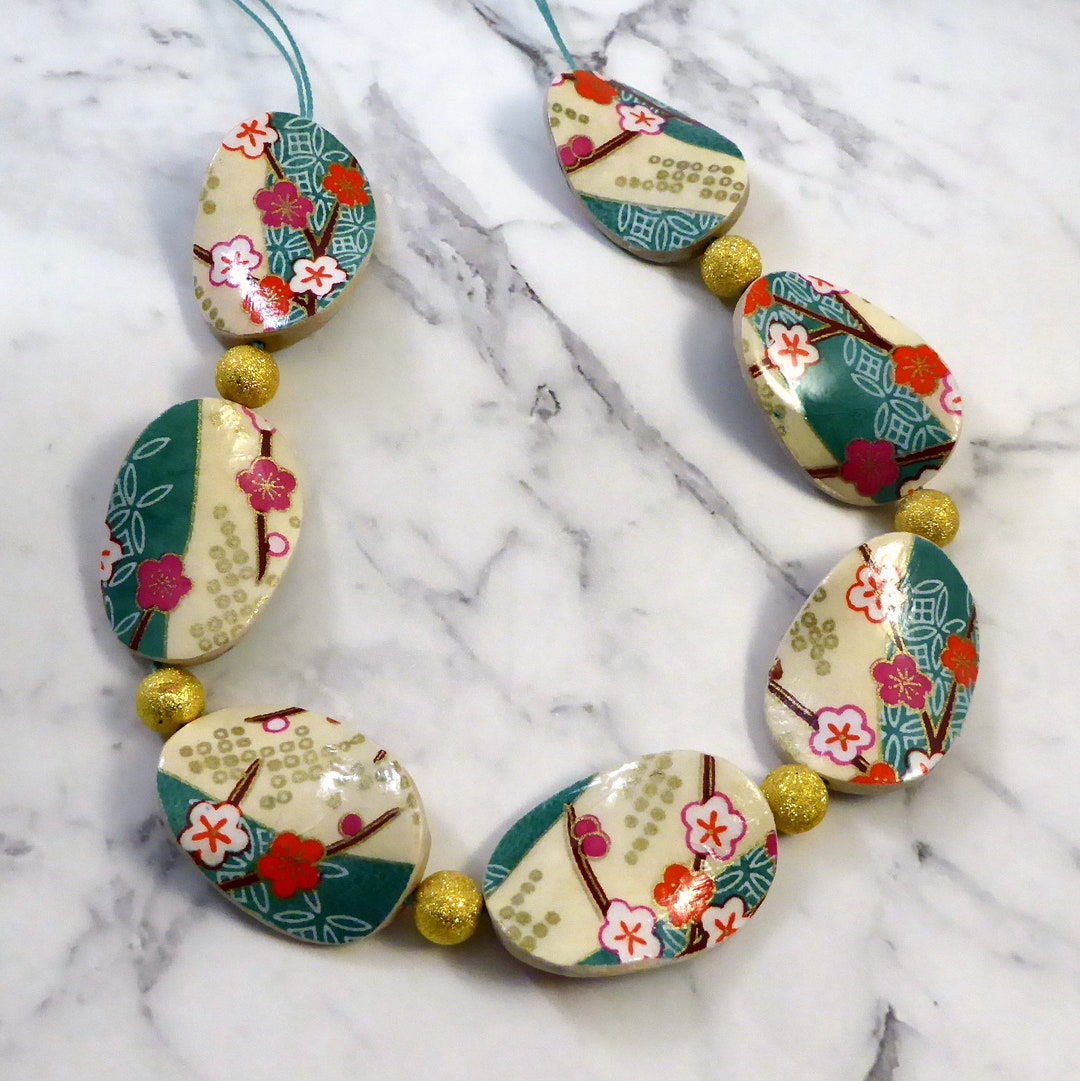 Japanese Paper Wooden Beaded Necklace-teal/floral - Etsy
