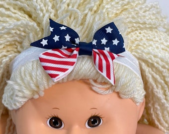 16" Cabbage Patch Clothes "USA Flag Bow; BLUE; Silver; RED/Black Bow" Doll Hairband, CPKs Doll Accessory, 16 inch Doll Clothes, CPKs Clothes
