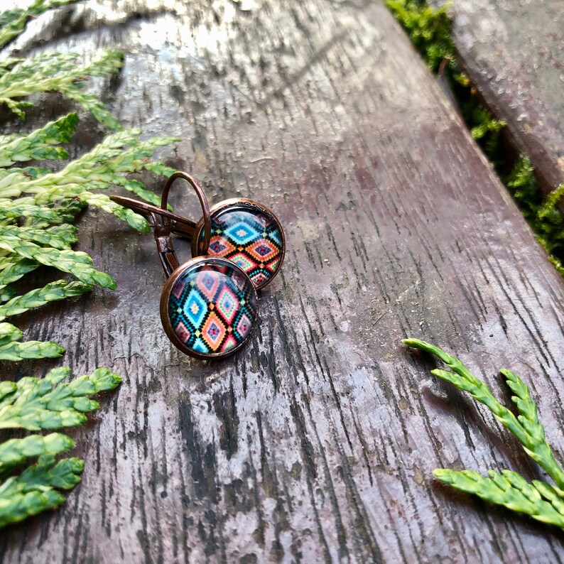 gift for her copper earrings Mediterranean earrings Ethnic boho earrings boho earrings summer earrings small earrings tile earrings