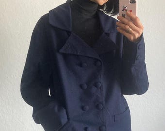 Vintage 1980s Oversized Cropped Wool Jacket - Dark Navy Blue, Size M