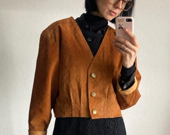 Vintage Natural Tan Cropped Suede Leather Jacket With Colourful Lining - Size S/M