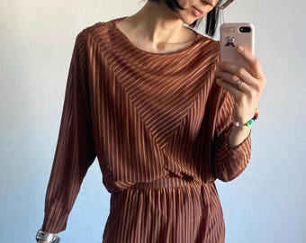 Vintage Brown Striped Skirt And Blouse Top Set - Size S