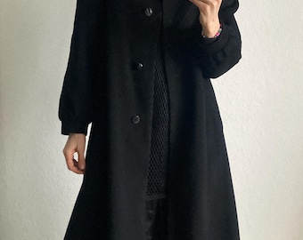 Vintage Long Black Wool Coat With Monochrome Geometric Embroidery - Size S