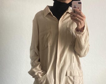 Vintage Leinen Blend Safari Jacke - 1990er Jahre Beige Viskose Jacke - Größe M