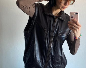Vintage Sleeveless Dark Brown Leather Bomber Vest - Size M/L