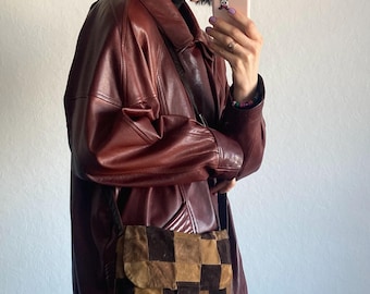 Vintage Brown Suede Leather Patchwork Check Pattern Strap Bag