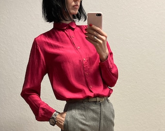 Camicetta vintage in seta rosa brillante, taglia XS S