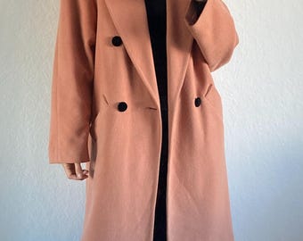 Vintage 80s Peach Wool Coat: Velvet Collar Double-Breasted