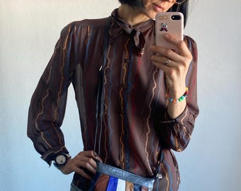 Vintage Small Silver, Blue, Brown, Grey and White Striped Shoulder Strap Crossbody Bag