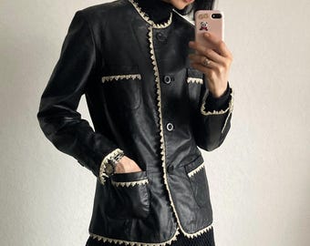 Vintage Black Leather Blazer Jacket  With White Embroidery Trim - Size M