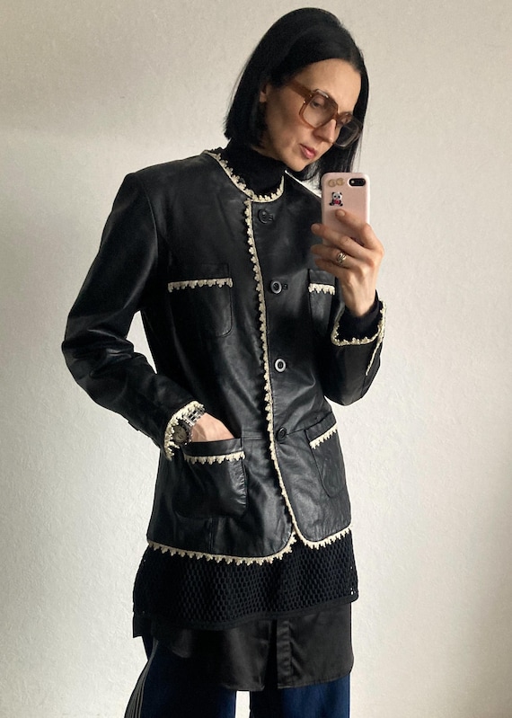 Vintage Black Leather Blazer Jacket  With White Embroidery Trim - Size M