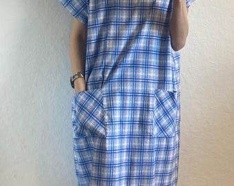Abito midi in cotone scozzese vintage anni '80: blu, viola, rosa - taglia S/M