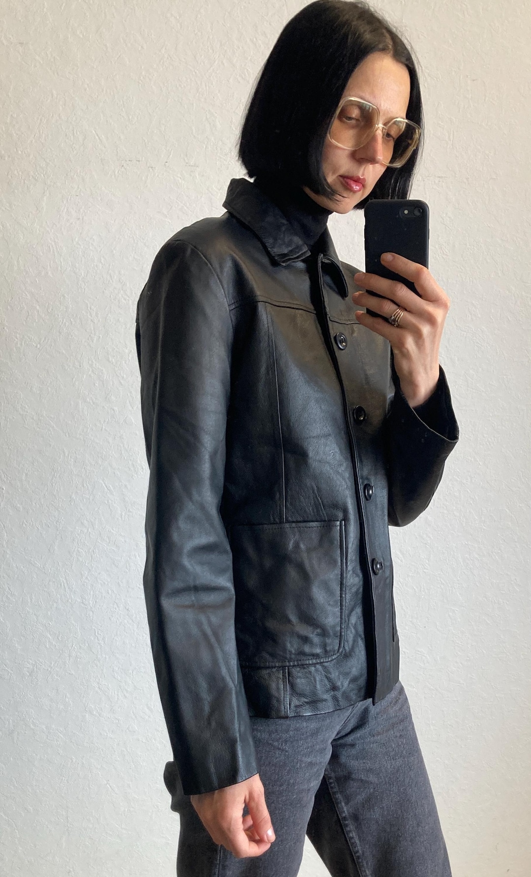 Vintage Black Leather Jacket From 1990s Size S - Etsy