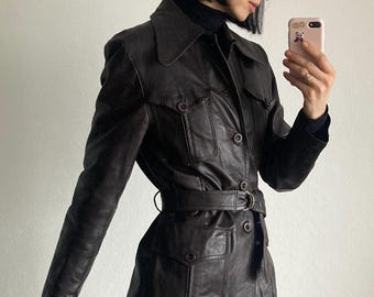 Vintage Dark Brown Short Leather Trench Coat - Size S/M