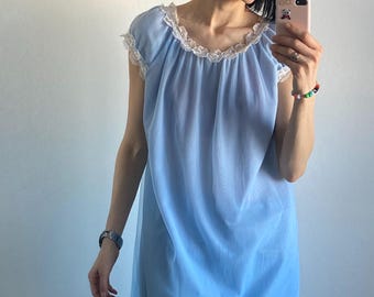 Vintage Pastel Baby Blue Night Dress With Floral Embellishments – Size XS/S