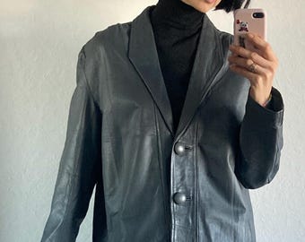 Vintage 1980s Grey Leather Blazer Jacket (Size M/L)