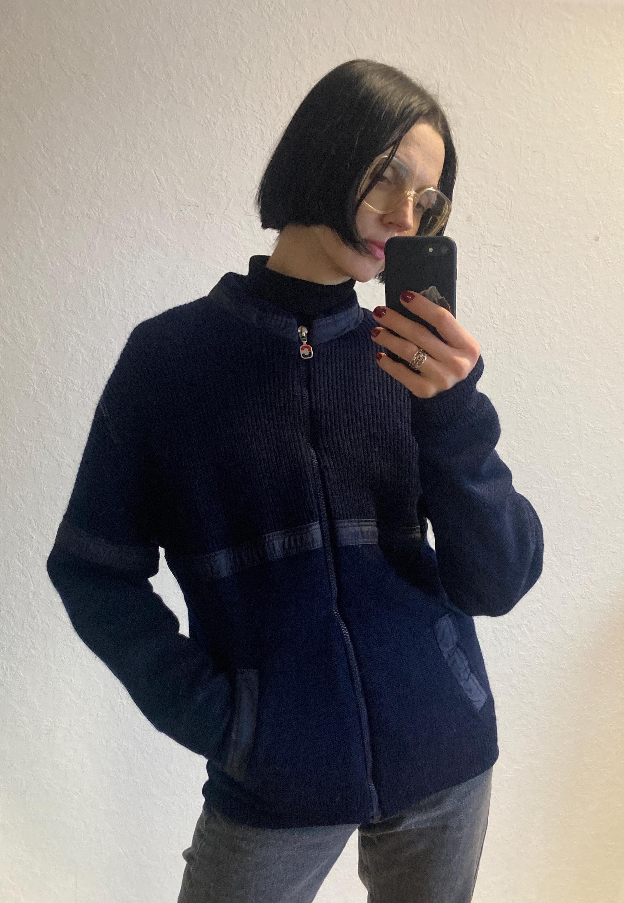 ジャケット・アウター 80s vintage archive wool bomber jacket Vintage 1980s Wool Knit Bomber Jacket - Navy Blue Coldsport (size