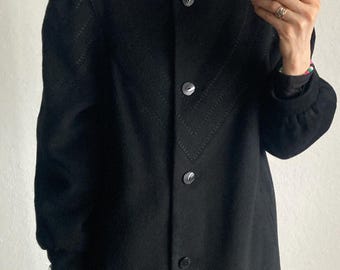 Vintage Long Black Wool Coat With Monochrome Geometric Embroidery - Size S