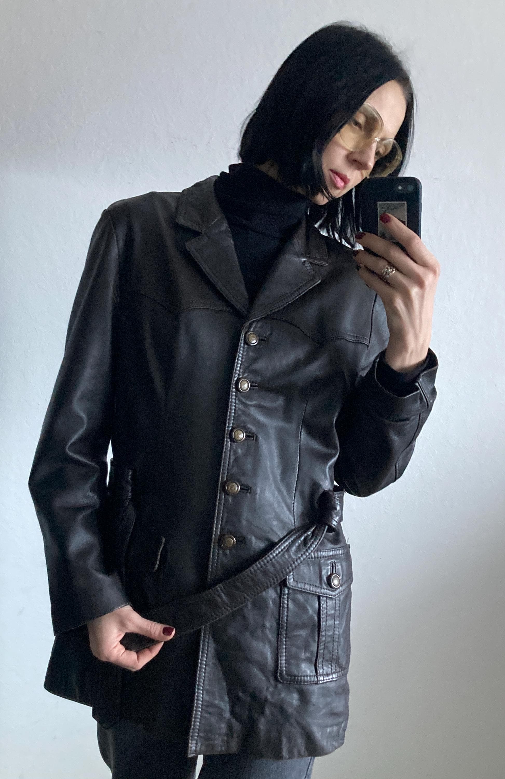 Vintage Chocolate Brown Leather Belted Jacket - 1990s Casa Das