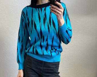 80er Jahre Schwarz Blaues geometrisches Muster Pullover Juper size S