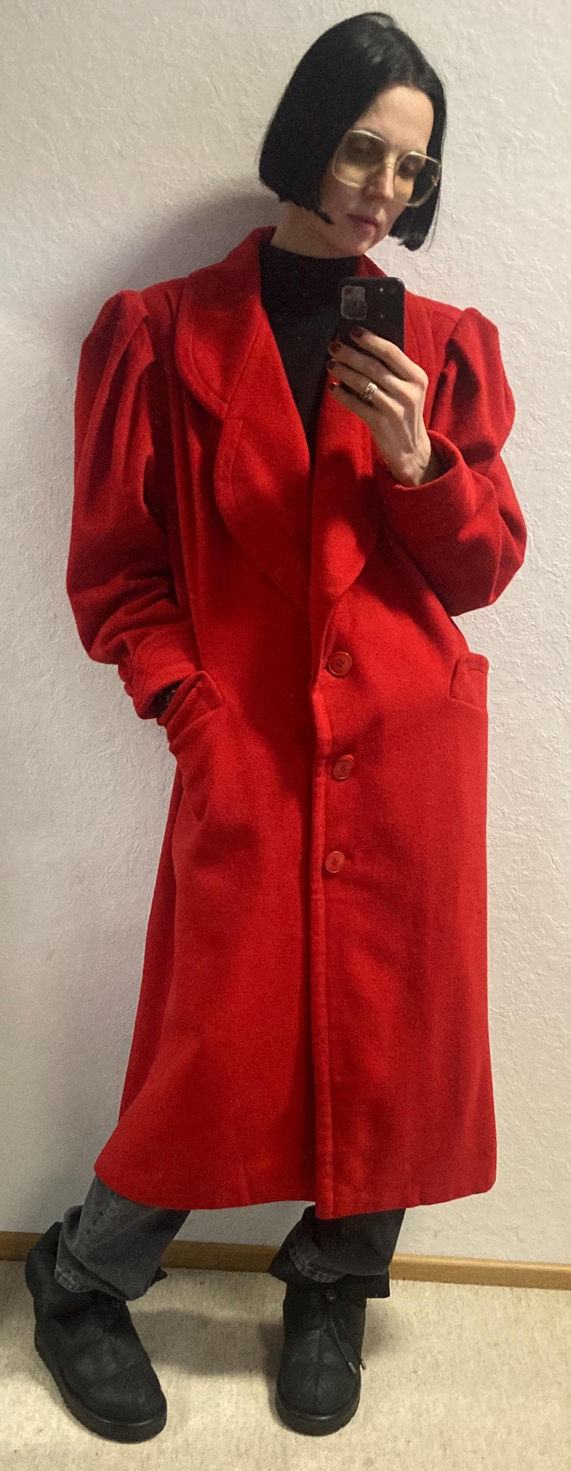 Vintage Long Red Wool Coat From 1980s by Laylack Size S Size M